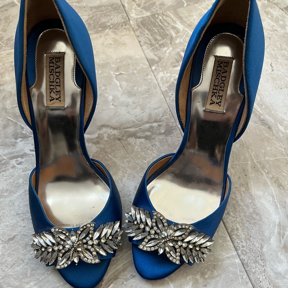 Badgley Mischka blue satin d’Orsay with rhinestones